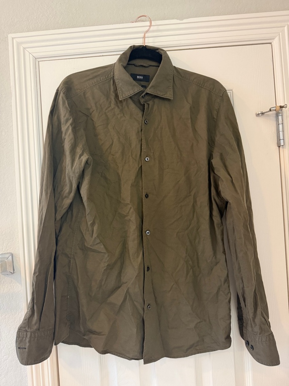 BOSS Men’s Dark Olive Green Ronni Button Down Dress Shirt, Size S